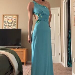 Sherri Hill Aqua One-Shoulder Dress with Floral Accents